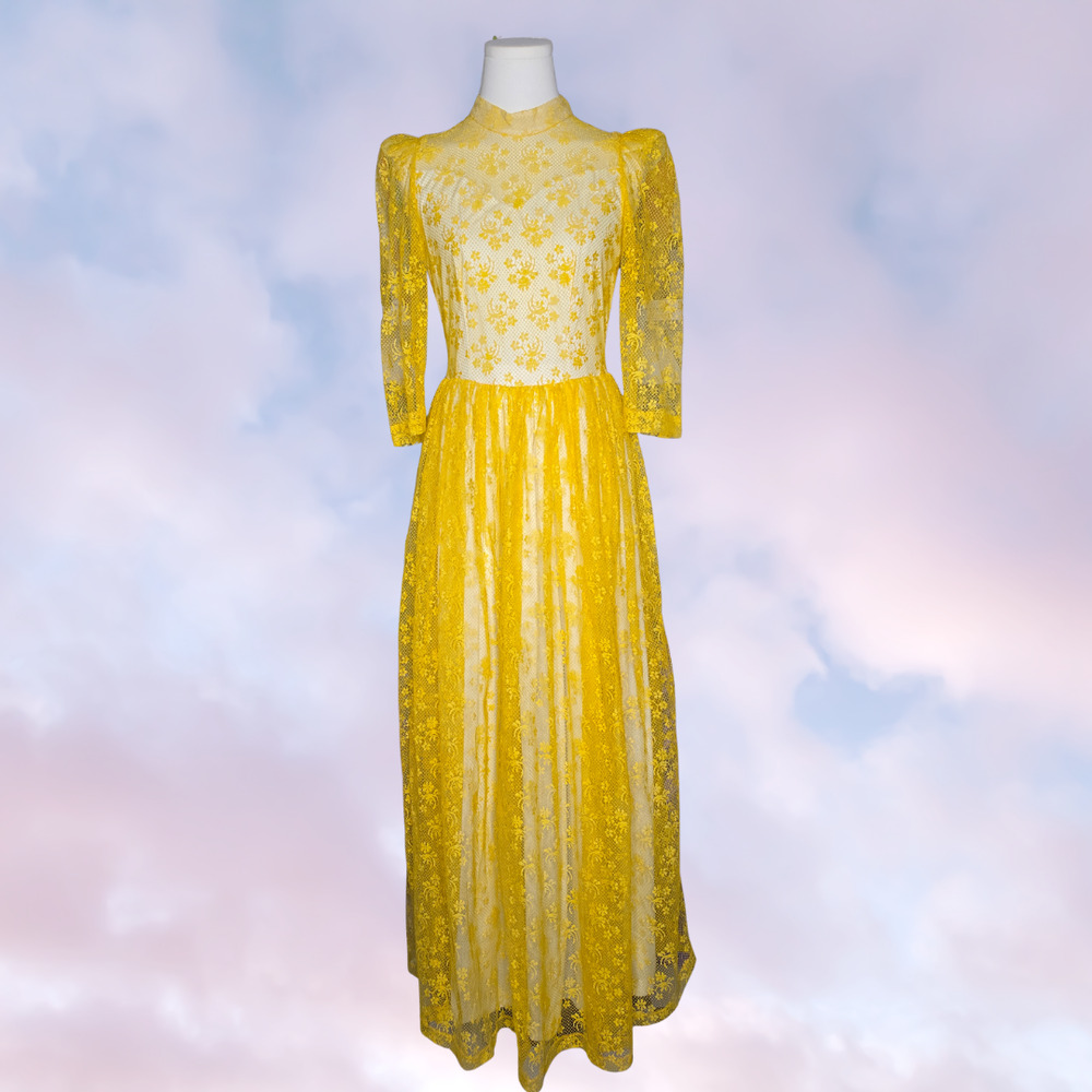 Vtg 1940s-50s Handmade Yellow Floral Lace Long Sleeve Prairie Maxi Evening Dress